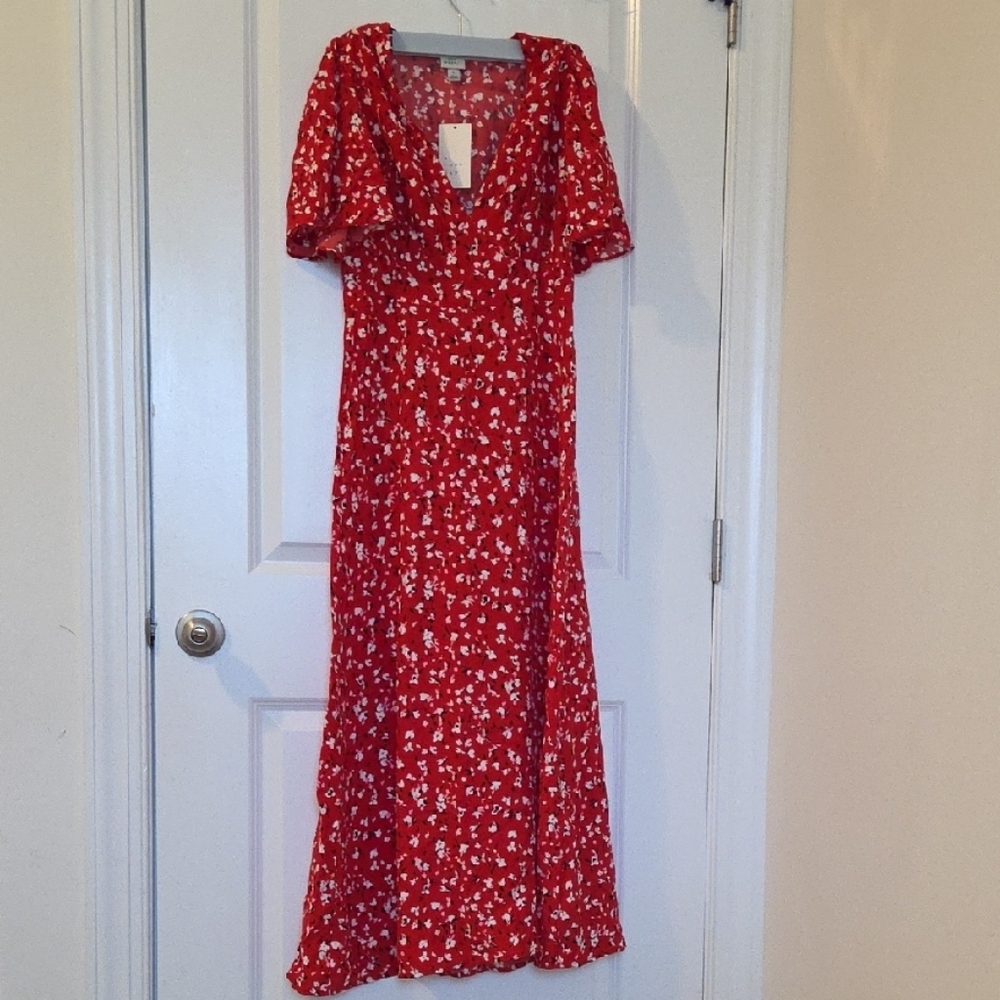 A New Day Red Puff Sleeve Maxi Dress V-Neck
